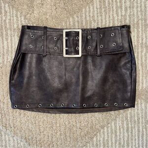 Faux leather brown mini skirt with buckle detail